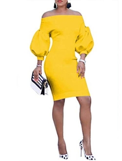 Ophestin Women Puff 3/4 Sleeve Off The Shoulder Bodycon Knee Length Party Pencil Midi Dress