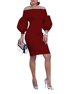 Ophestin Women Puff 3/4 Sleeve Off The Shoulder Bodycon Knee Length Party Pencil Midi Dress