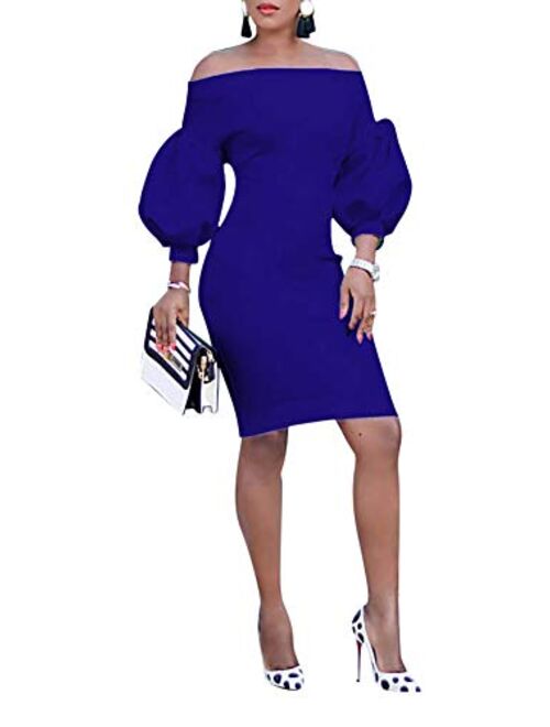 Ophestin Women Puff 3/4 Sleeve Off The Shoulder Bodycon Knee Length Party Pencil Midi Dress