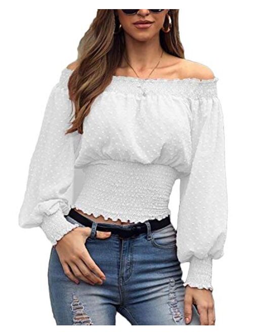 Women's Off Shoulder Frill Smocked Crop Tops Bishop Sleeve Elastic Shirred Blouse T-Shirt Polka Dots Tee Top