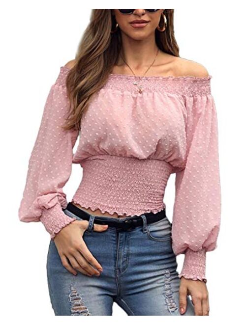 Women's Off Shoulder Frill Smocked Crop Tops Bishop Sleeve Elastic Shirred Blouse T-Shirt Polka Dots Tee Top