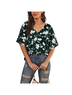 Feiersi Womens Floral Chiffon Blouses V Neck Batwing Short Sleeve Summer Tops Shirts