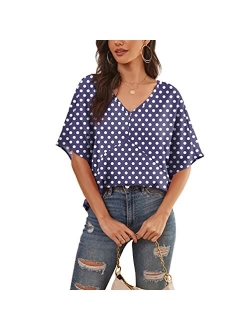 Feiersi Womens Floral Chiffon Blouses V Neck Batwing Short Sleeve Summer Tops Shirts