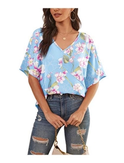 Feiersi Womens Floral Chiffon Blouses V Neck Batwing Short Sleeve Summer Tops Shirts