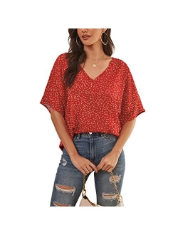 Feiersi Womens Floral Chiffon Blouses V Neck Batwing Short Sleeve Summer Tops Shirts