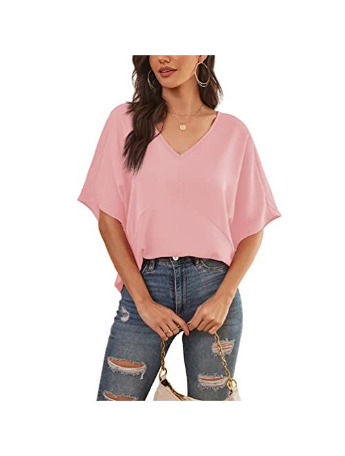 Feiersi Womens Floral Chiffon Blouses V Neck Batwing Short Sleeve Summer Tops Shirts