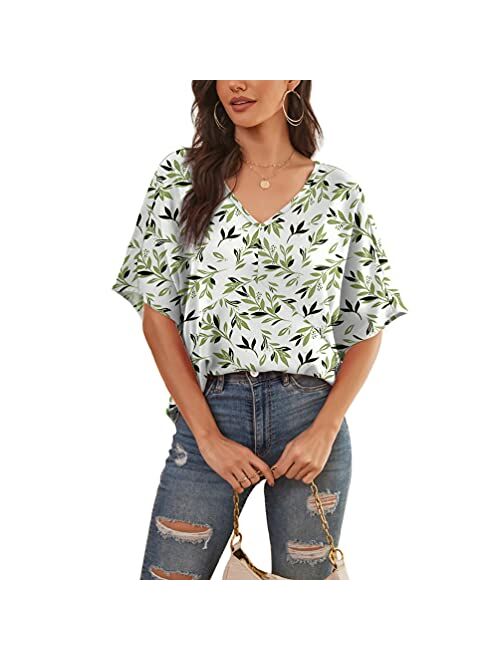 Feiersi Womens Floral Chiffon Blouses V Neck Batwing Short Sleeve Summer Tops Shirts