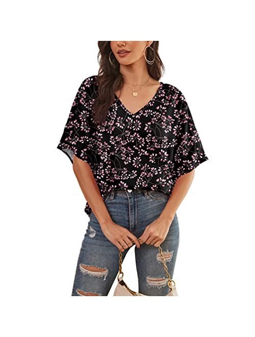 Feiersi Womens Floral Chiffon Blouses V Neck Batwing Short Sleeve Summer Tops Shirts