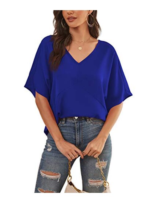 Feiersi Womens Floral Chiffon Blouses V Neck Batwing Short Sleeve Summer Tops Shirts