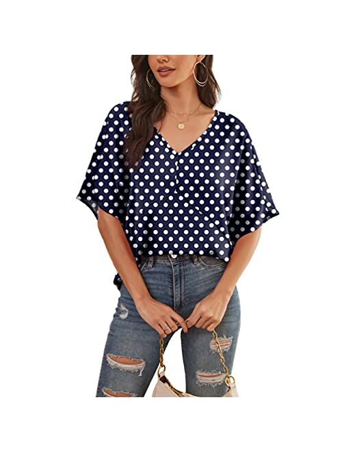 Feiersi Womens Floral Chiffon Blouses V Neck Batwing Short Sleeve Summer Tops Shirts