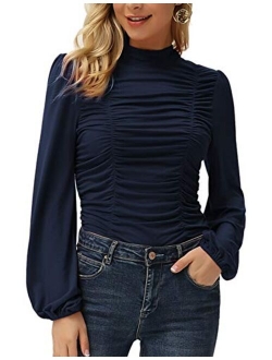 Womens Long Lantern Sleeve High-Neck Ruched Front Fitted Blouse