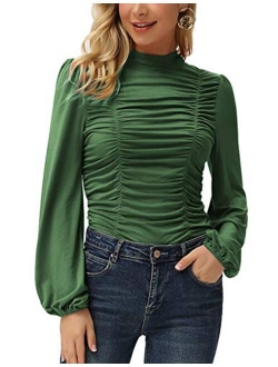 Womens Long Lantern Sleeve High-Neck Ruched Front Fitted Blouse