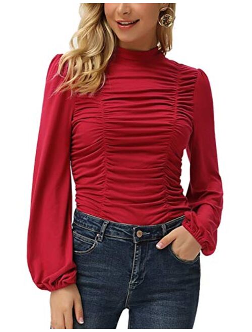 GRACE KARIN Womens Long Lantern Sleeve High-Neck Ruched Front Fitted Blouse