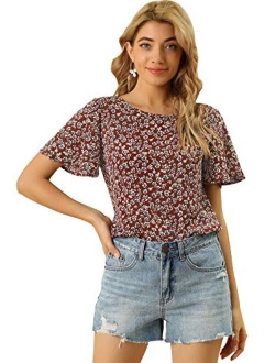 Women's Floral Blouse Tee Chiffon Casual Flutter Sleeve Tops