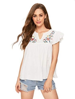 Women's Boho Embroidered Mexican Peasant Shirts Babydoll Tops Blouses