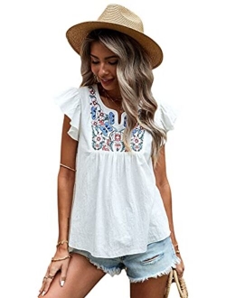 Women's Boho Embroidered Mexican Peasant Shirts Babydoll Tops Blouses