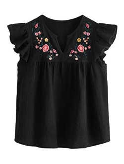 Women's Boho Embroidered Mexican Peasant Shirts Babydoll Tops Blouses