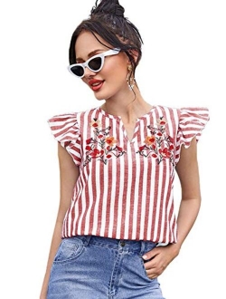 Women's Boho Embroidered Mexican Peasant Shirts Babydoll Tops Blouses