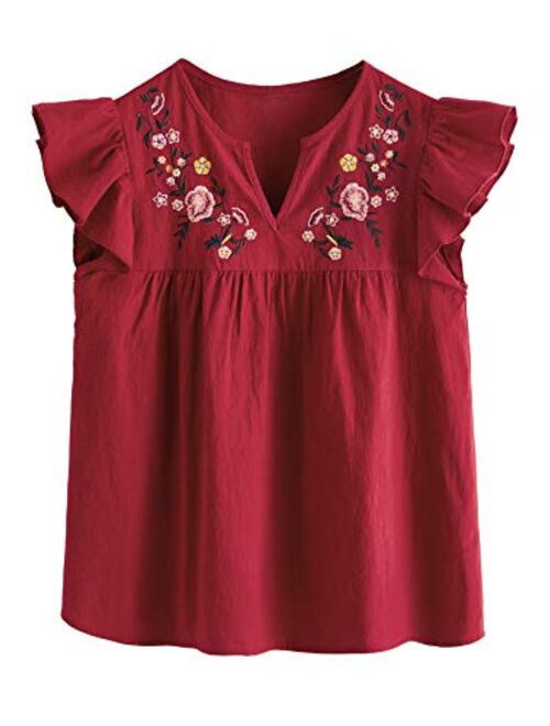 Floerns Women's Boho Embroidered Mexican Peasant Shirts Babydoll Tops Blouses