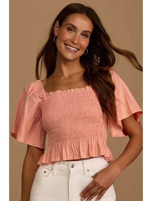 Lulus Your Sunshine Beige Smocked Flutter Sleeve Top