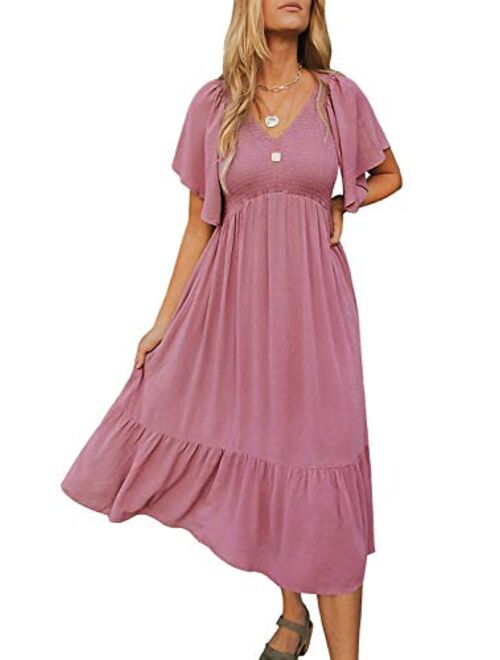 Kranda Women V Neck Short Flutter Sleeve Solid Smocked Ruffle Pleats Midi Dress