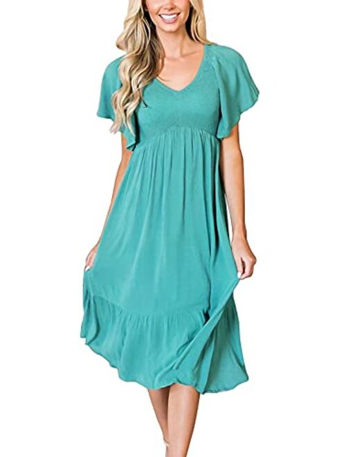 Kranda Women V Neck Short Flutter Sleeve Solid Smocked Ruffle Pleats Midi Dress