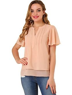 Women's Chiffon Top Butterfly Sleeves Loose Casual Pintuck Blouse