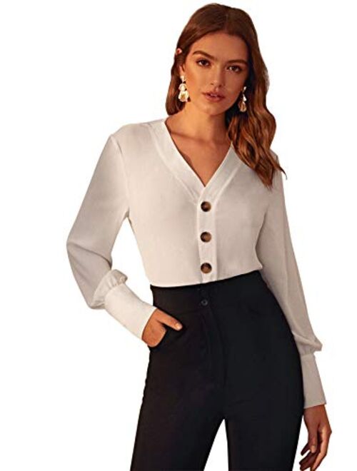 Milumia Women V Neck Bishop Sleeve Button Up Chiffon Blouse Work Office Shirt Tops