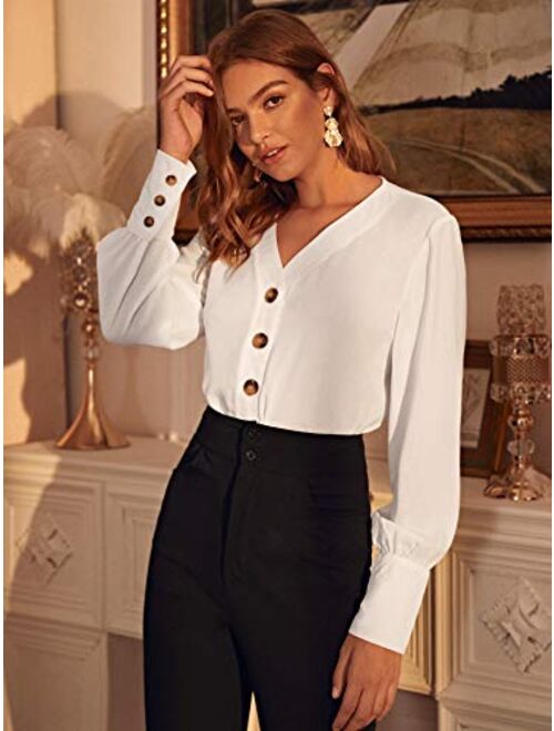 Milumia Women V Neck Bishop Sleeve Button Up Chiffon Blouse Work Office Shirt Tops