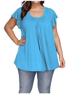 ALLEGRACE Women's Plus Size Top Short Sleeve Casual Ruffle Loose Pleated Flowy Summer T Shirts