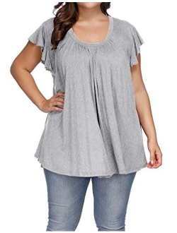 ALLEGRACE Women's Plus Size Top Short Sleeve Casual Ruffle Loose Pleated Flowy Summer T Shirts