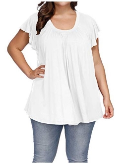 ALLEGRACE Women's Plus Size Top Short Sleeve Casual Ruffle Loose Pleated Flowy Summer T Shirts