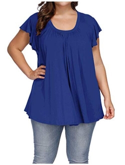 ALLEGRACE Women's Plus Size Top Short Sleeve Casual Ruffle Loose Pleated Flowy Summer T Shirts