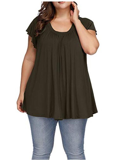 ALLEGRACE Women's Plus Size Top Short Sleeve Casual Ruffle Loose Pleated Flowy Summer T Shirts