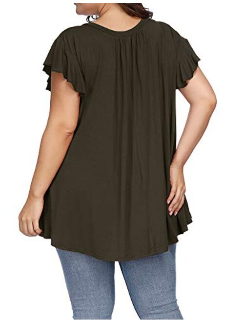 ALLEGRACE Women's Plus Size Top Short Sleeve Casual Ruffle Loose Pleated Flowy Summer T Shirts