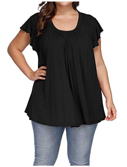 ALLEGRACE Women's Plus Size Top Short Sleeve Casual Ruffle Loose Pleated Flowy Summer T Shirts