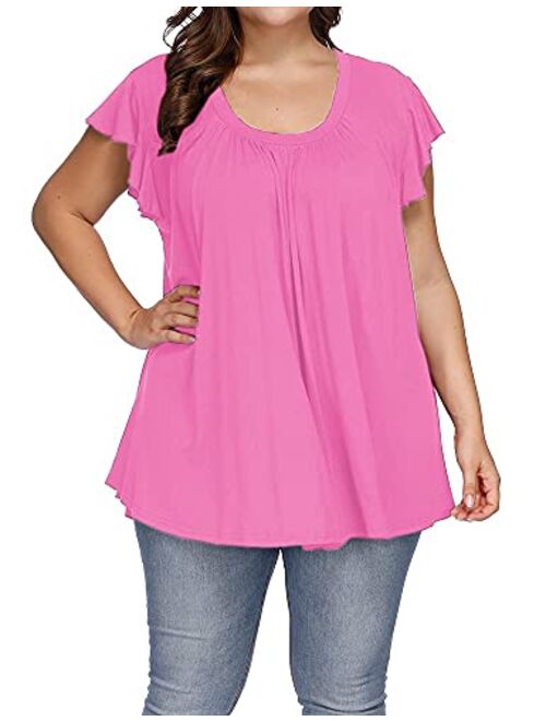 ALLEGRACE Women's Plus Size Top Short Sleeve Casual Ruffle Loose Pleated Flowy Summer T Shirts