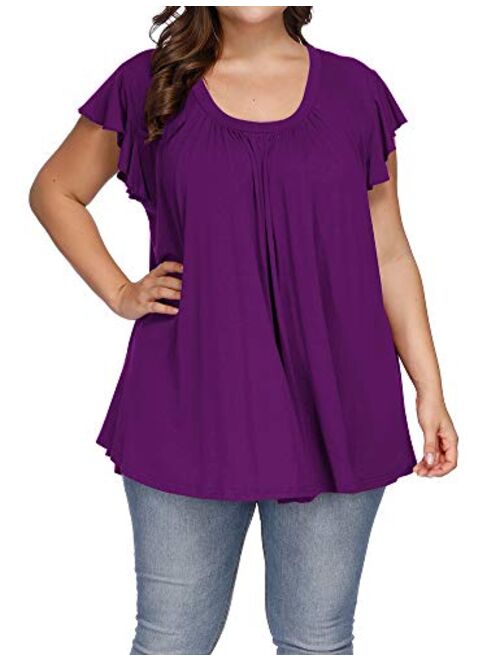 ALLEGRACE Women's Plus Size Top Short Sleeve Casual Ruffle Loose Pleated Flowy Summer T Shirts