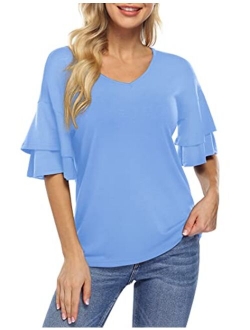 Clearlove Women's Tops Blouse Casual V Neck Ruffle Bell Sleeve Blouse Summer Loose Shirt Solid Tops