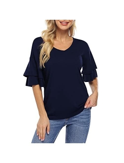 Clearlove Women's Tops Blouse Casual V Neck Ruffle Bell Sleeve Blouse Summer Loose Shirt Solid Tops