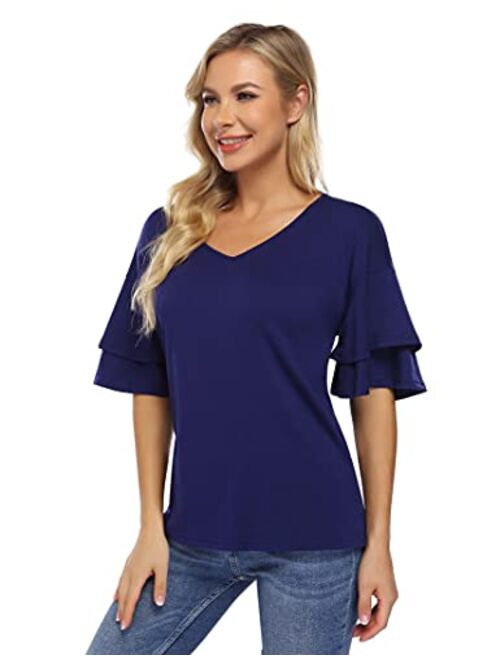 ALLEGRACE Women's Plus Size Tunic Tops Summer Short Sleeve V Neck Blouses  Ruffle