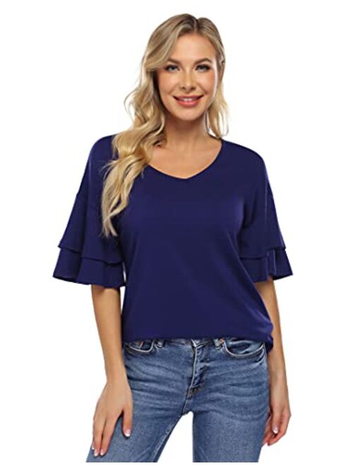 Clearlove Women's Tops Blouse Casual V Neck Ruffle Bell Sleeve Blouse Summer Loose Shirt Solid Tops