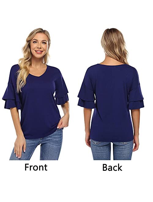 Clearlove Women's Tops Blouse Casual V Neck Ruffle Bell Sleeve Blouse Summer Loose Shirt Solid Tops