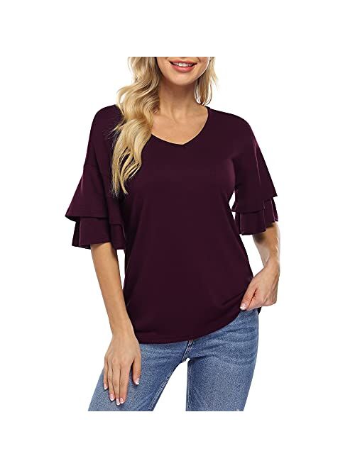 Clearlove Women's Tops Blouse Casual V Neck Ruffle Bell Sleeve Blouse Summer Loose Shirt Solid Tops