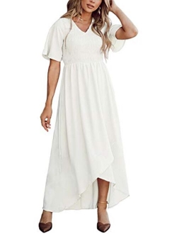 Zattcas Women Short Sleeve Summer V Neck High Low Smocked Maxi Dress