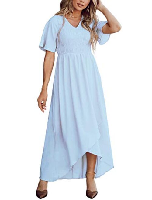 Zattcas Women Short Sleeve Summer V Neck High Low Smocked Maxi Dress