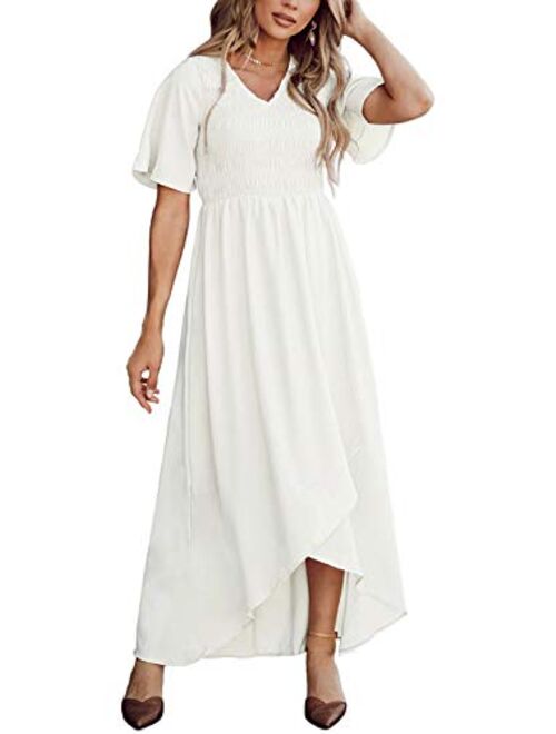 Zattcas Women Short Sleeve Summer V Neck High Low Smocked Maxi Dress