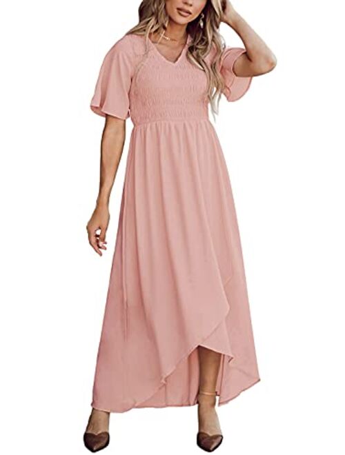 Zattcas Women Short Sleeve Summer V Neck High Low Smocked Maxi Dress