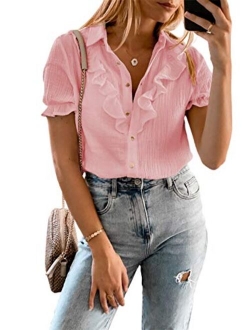 Aleumdr Women's V Neck Button Down Shirts Casual Ruffle Cap Short Sleeve Tops Blouses