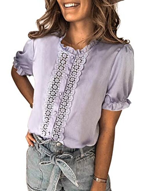 Aleumdr Women's V Neck Button Down Shirts Casual Ruffle Cap Short Sleeve Tops Blouses